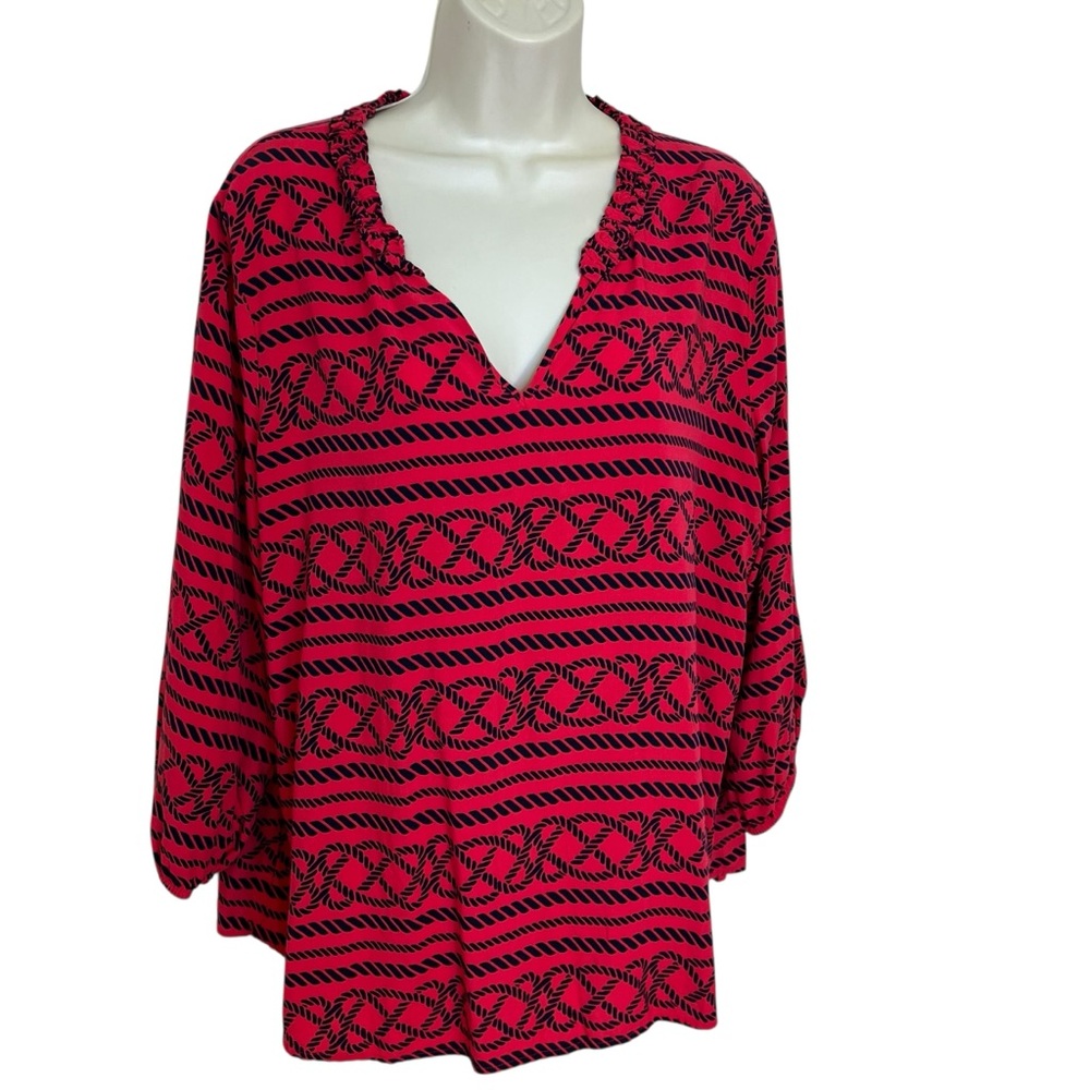 crown & ivy Red and Black Patterned V-Neck Tunic Blouse Top